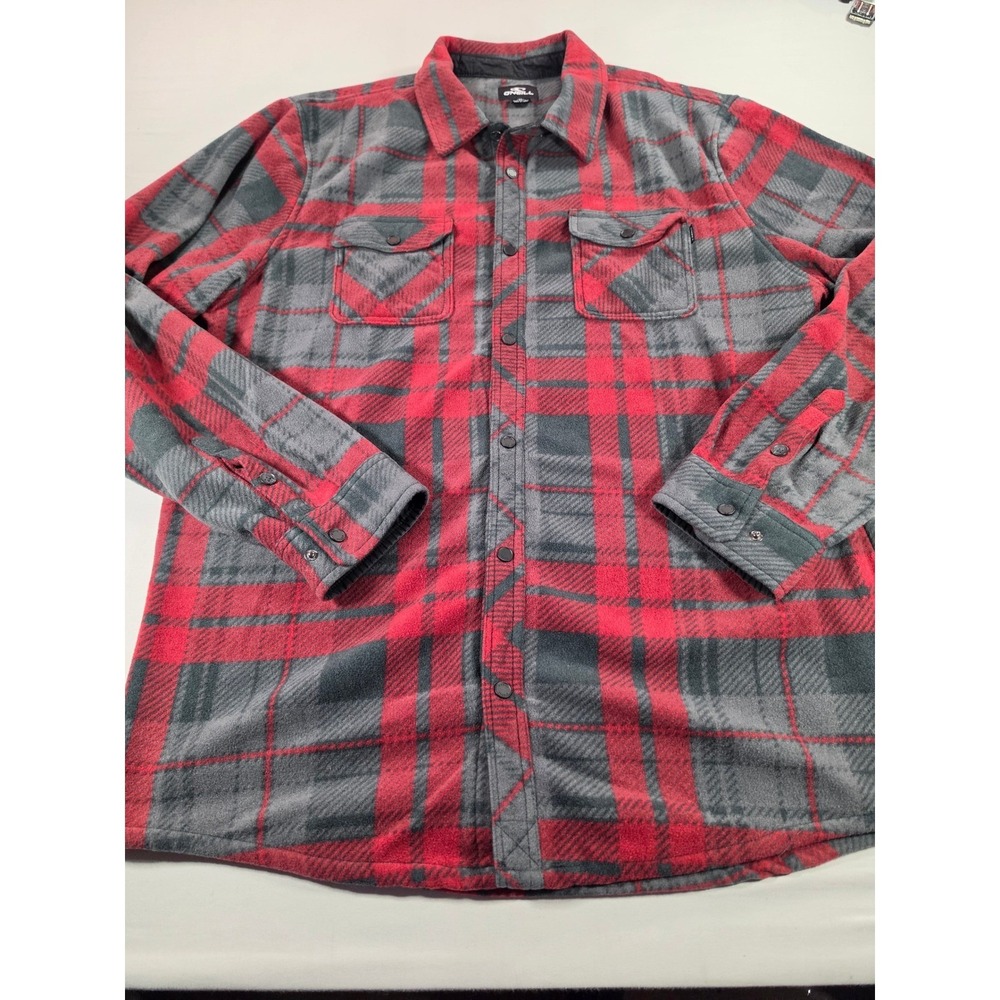 O'Neill SuperFleece Mens XL Red Grey Plaid Button Front Flannel Shirt Jacket
